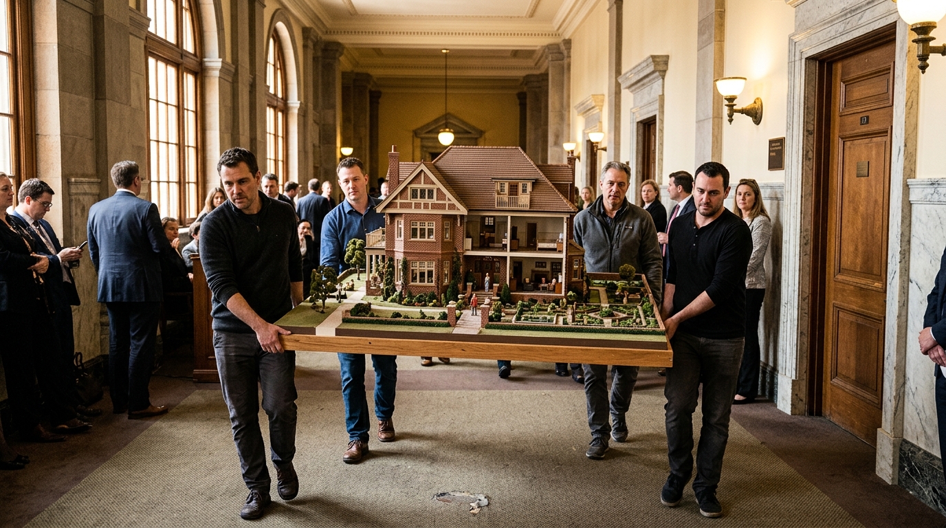 Maquette de la maison de Maradona portée par quatre hommes