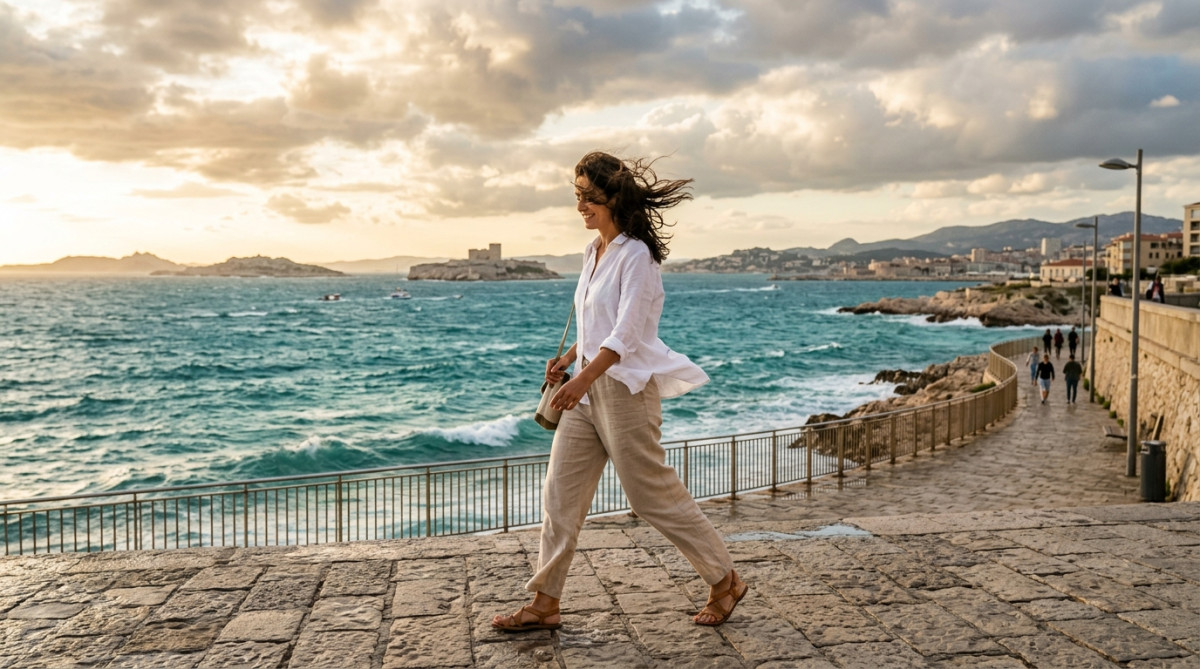 Promenade venteuse au bord de mer à Marseille