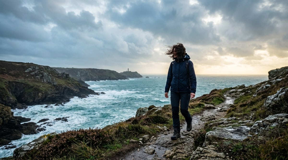 Promeneur sous le vent frais à Brest