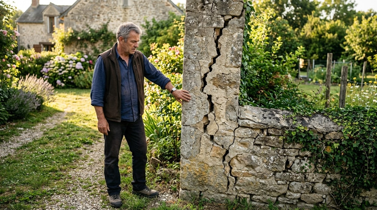 Propriétaire inquiet devant un mur mitoyen fissuré