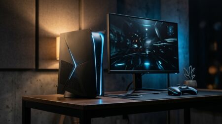 Console de jeu futuriste posée près d'un écran gaming