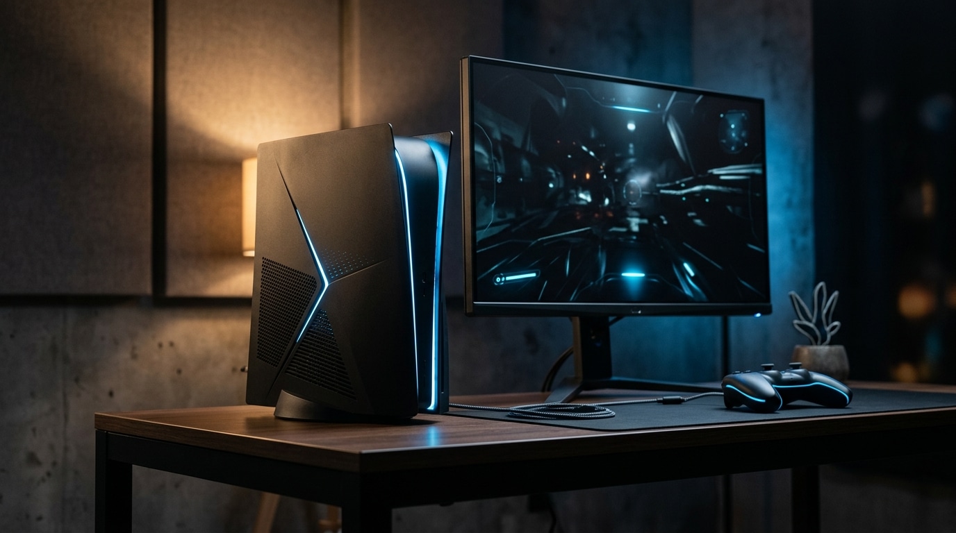 Console de jeu futuriste posée près d'un écran gaming