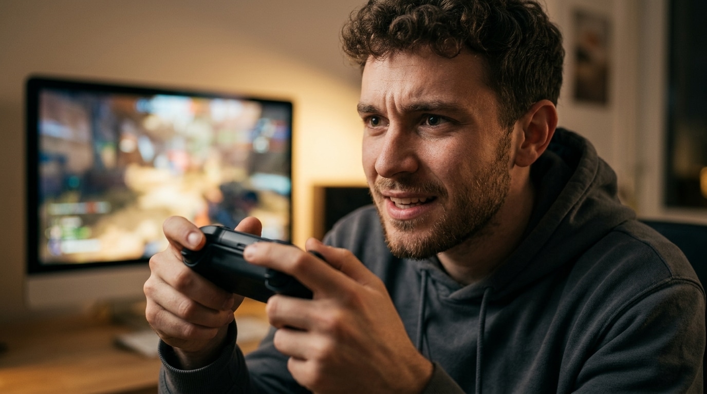 Joueur concentré manette en main devant un écran