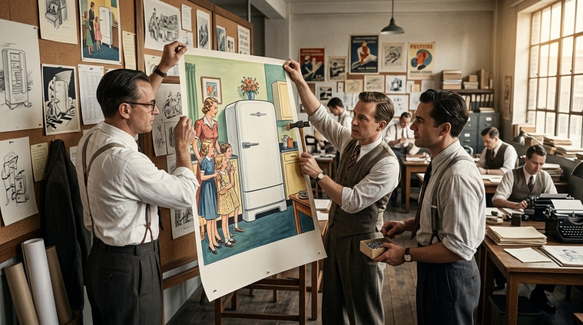Publicitaires épinglant des affiches Frigidaire dans les années 1930