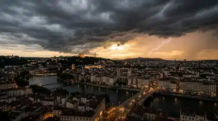Orage violent au-dessus d'une ville française au crépuscule