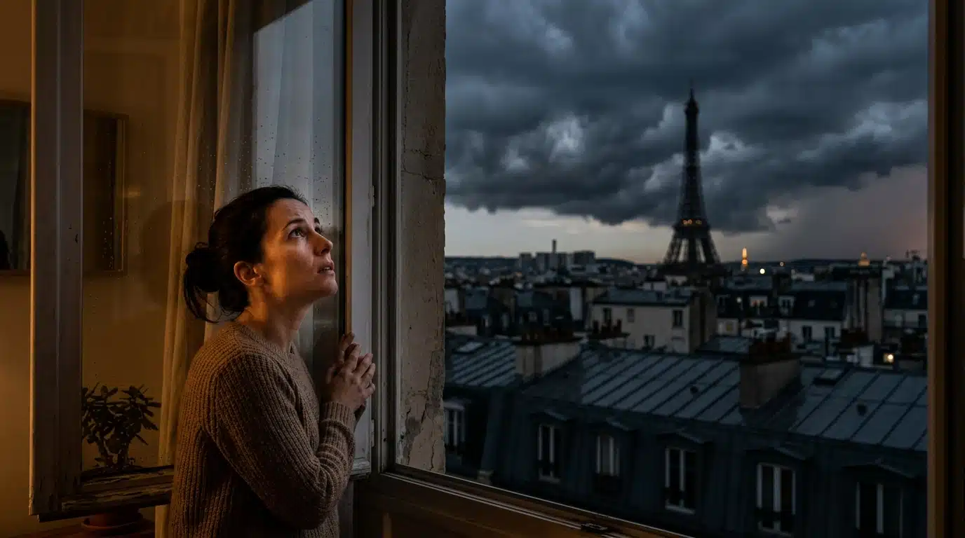 Femme observant l'arrivée d'un orage depuis sa fenêtre à Paris