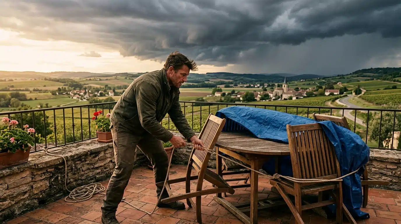Homme sécurisant son mobilier de jardin avant l'orage