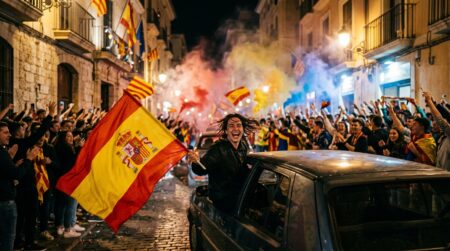 Foule en liesse agitant un drapeau espagnol la nuit