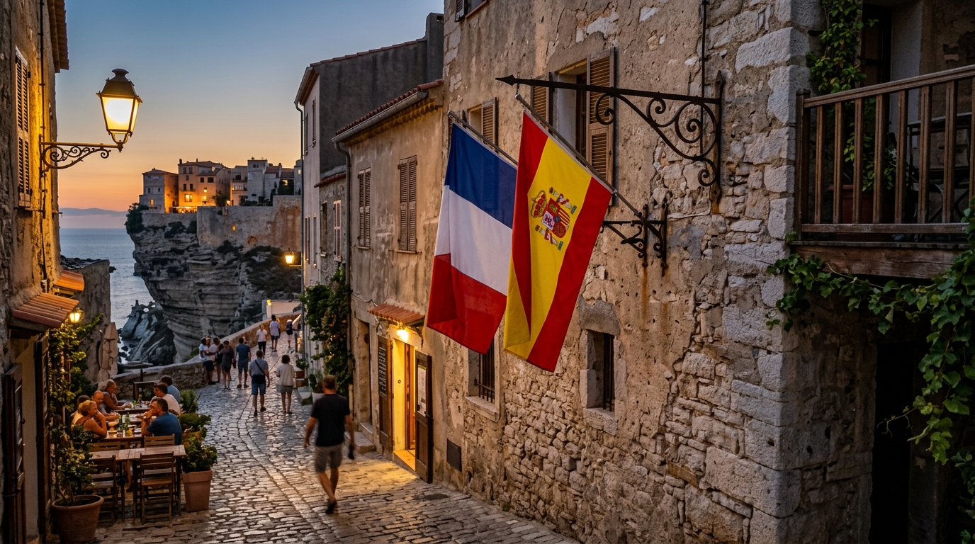 Drapeaux français et espagnol sur façade corse au crépuscule