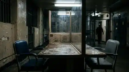 Salle de parloir de prison vide sous un éclairage sombre