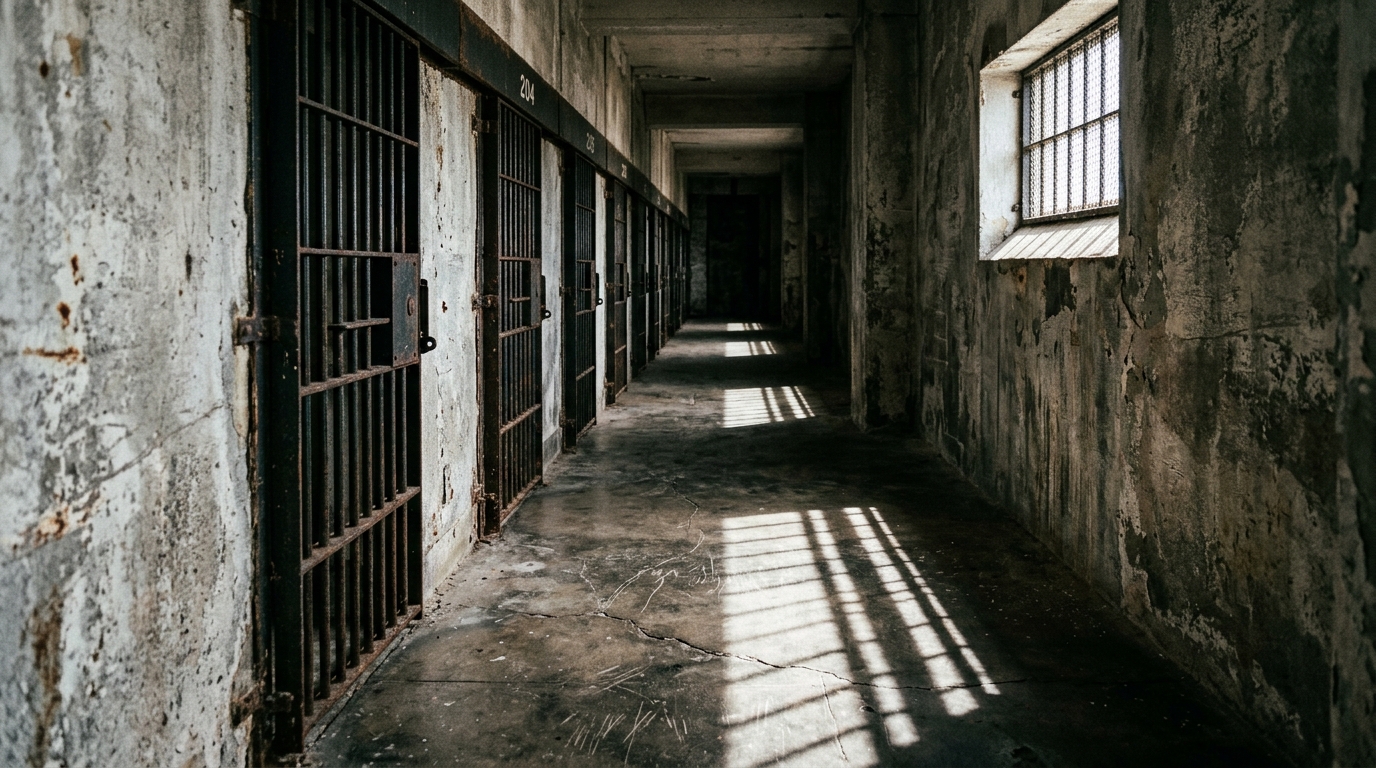 Couloir de prison vide avec fenêtre à barreaux et ombres allongées