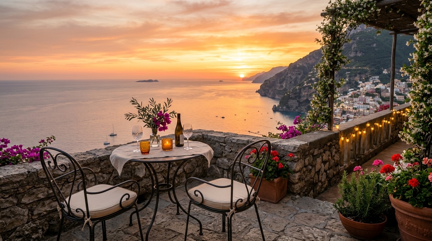 Terrasse romantique face à la mer au coucher du soleil, ambiance intime et dorée