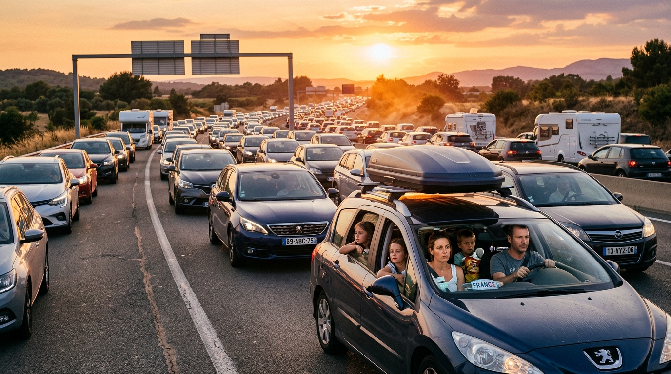 Embouteillage sur autoroute française pendant les grands départs