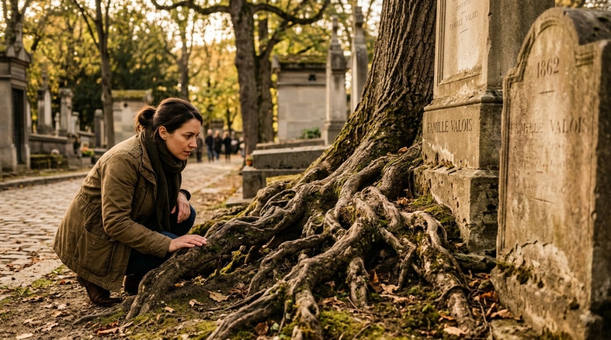 Racines d'arbre près de tombes anciennes en pierre