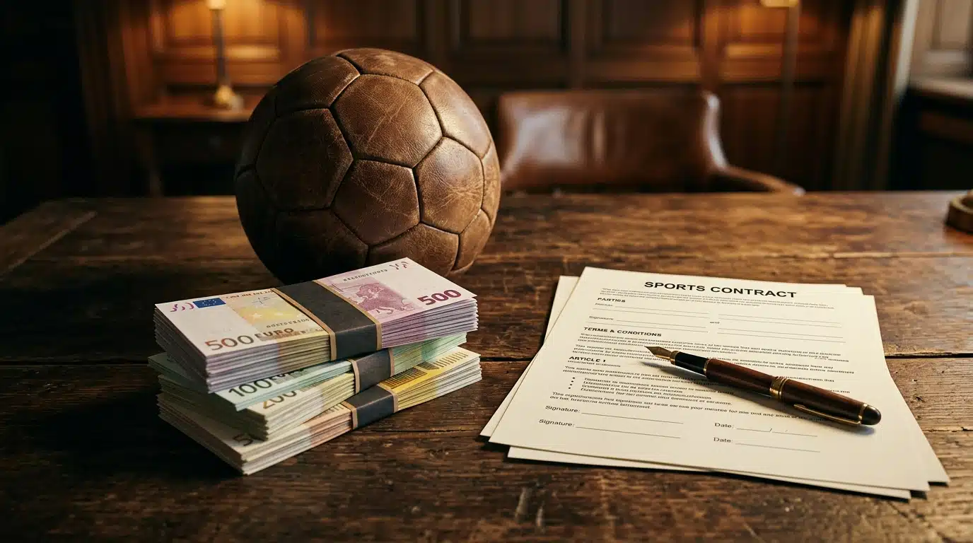 Billets en euros et ballon de football posés sur un bureau