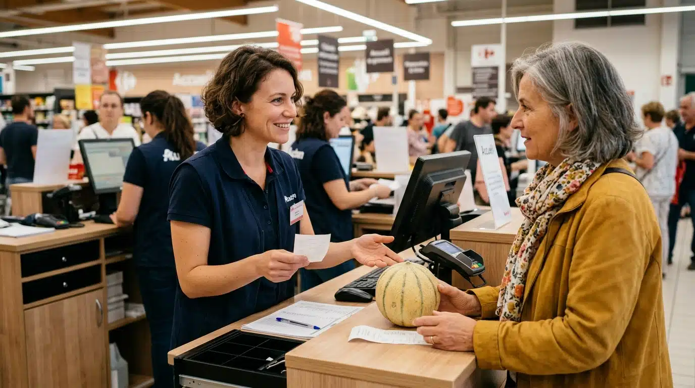Client rapportant un melon au service client du magasin