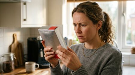 Personne inquiète examinant un paquet de dosettes de café