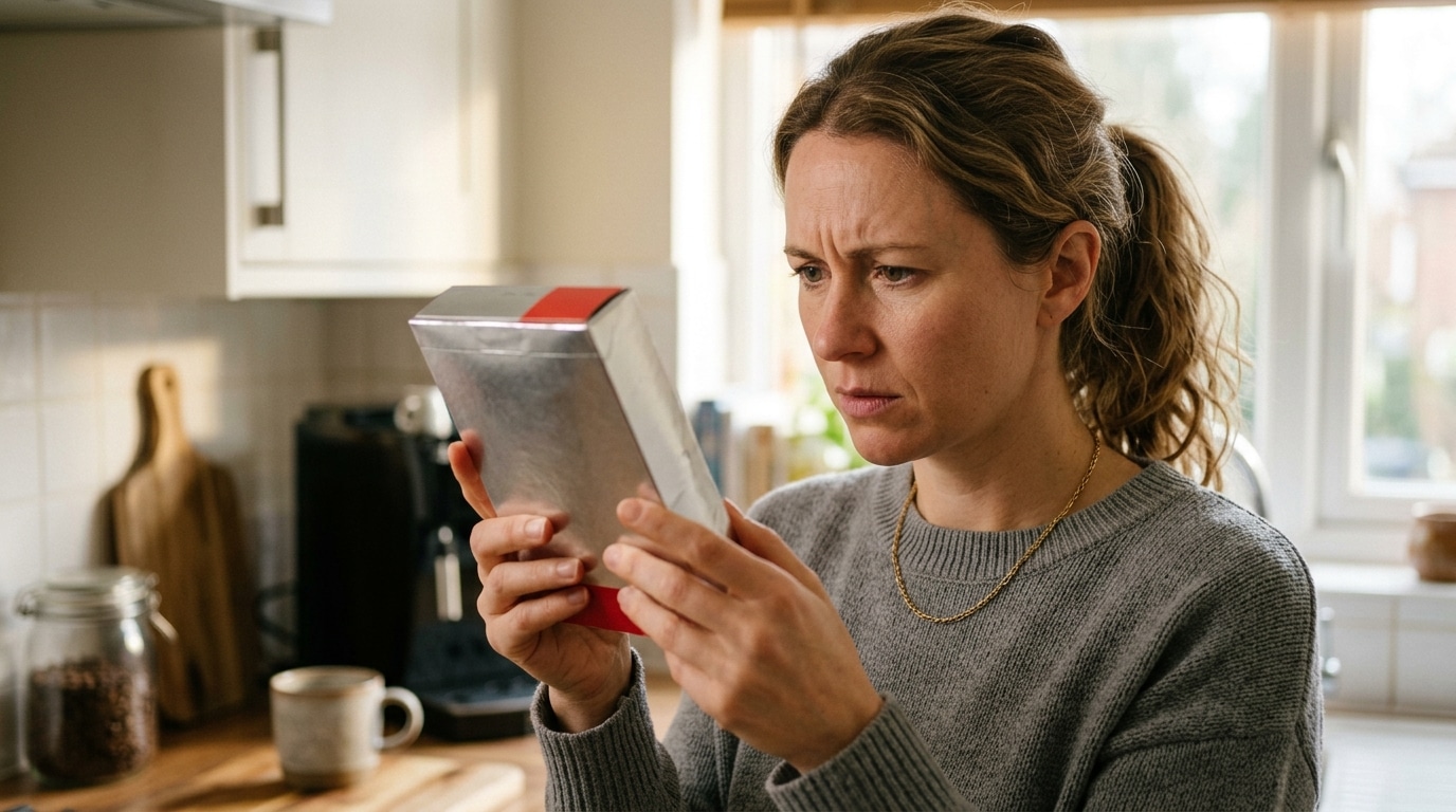 Personne inquiète examinant un paquet de dosettes de café