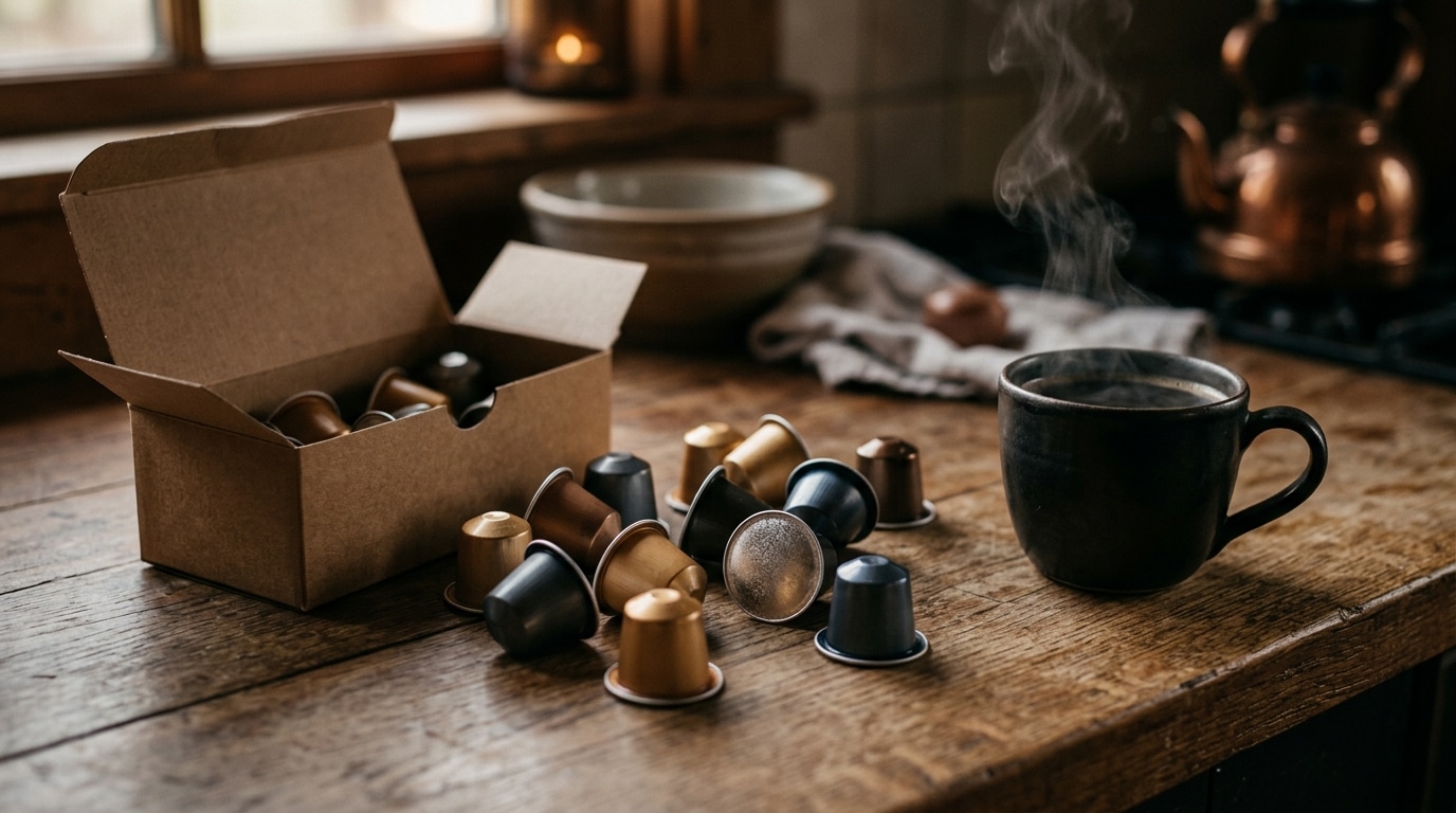Dosettes de café renversées sur un plan de travail