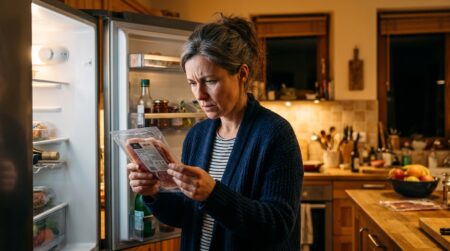 Femme vérifiant une barquette de jambon dans sa cuisine