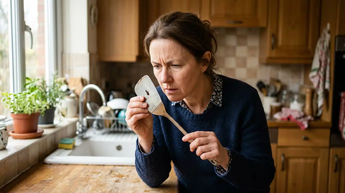 Personne inspectant un ustensile de cuisine avec inquiétude