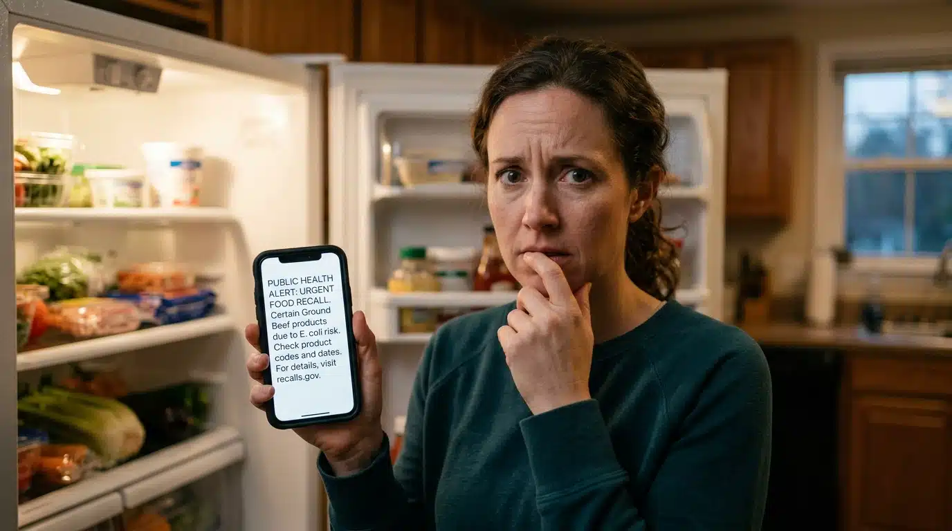 Main tenant un smartphone devant un frigo ouvert