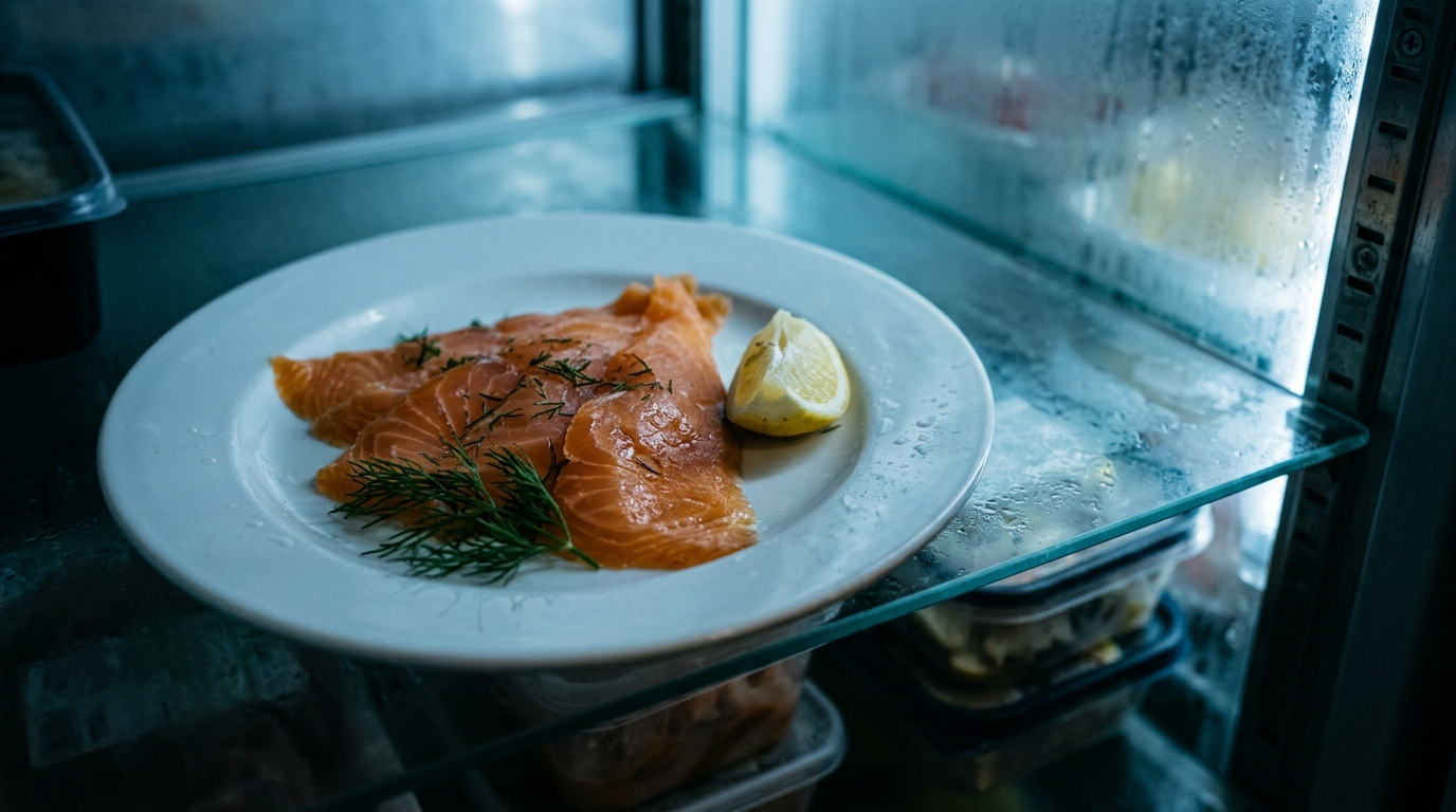 Tranches de saumon fumé sur assiette au réfrigérateur