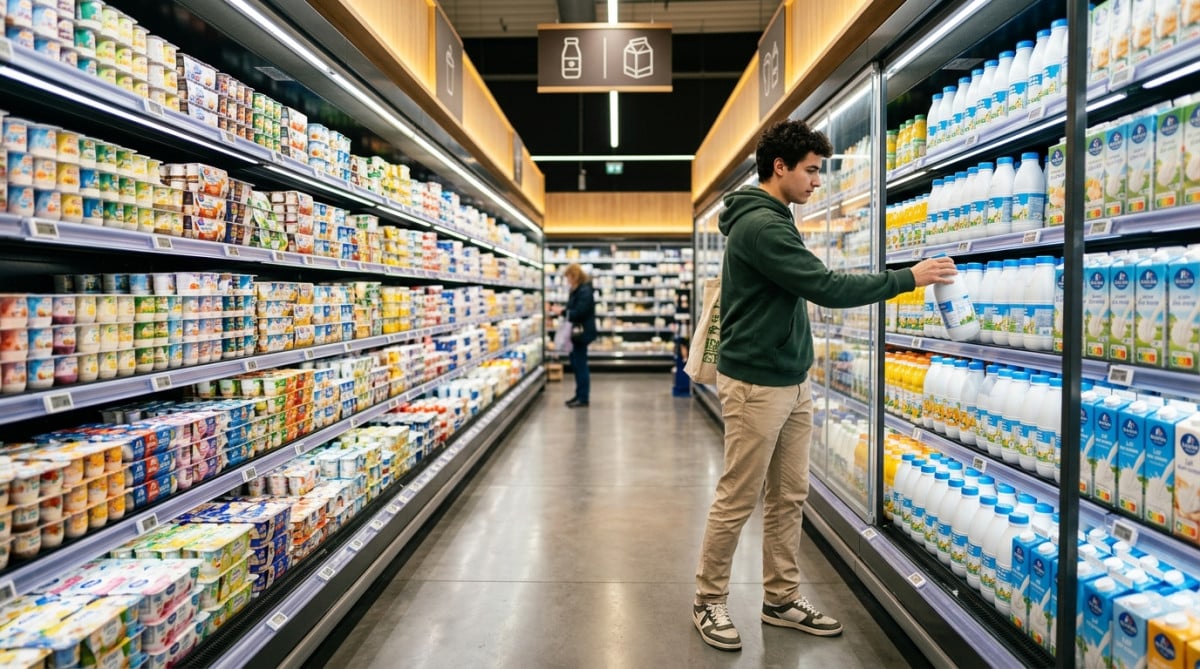 Rayon crèmerie moderne avec briques de lait plastique