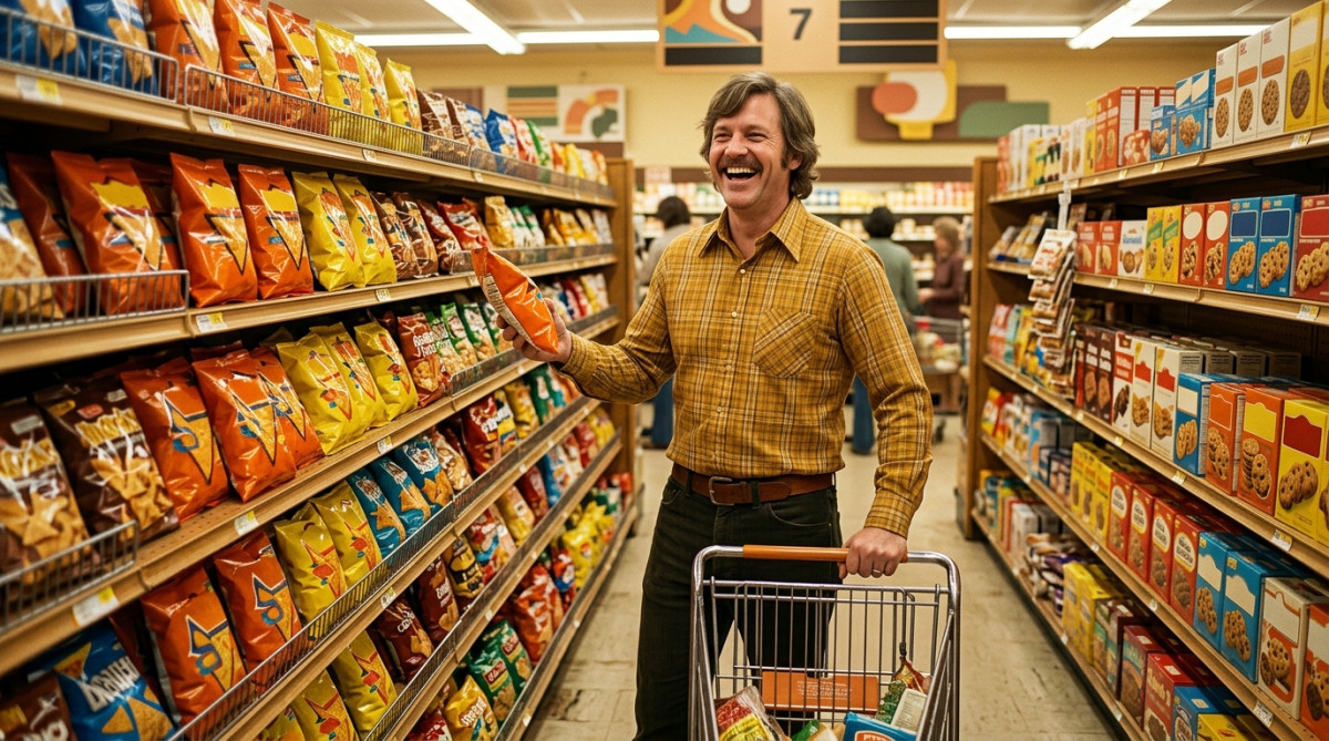 Rayon de supermarché vintage avec sachets de chips oranges