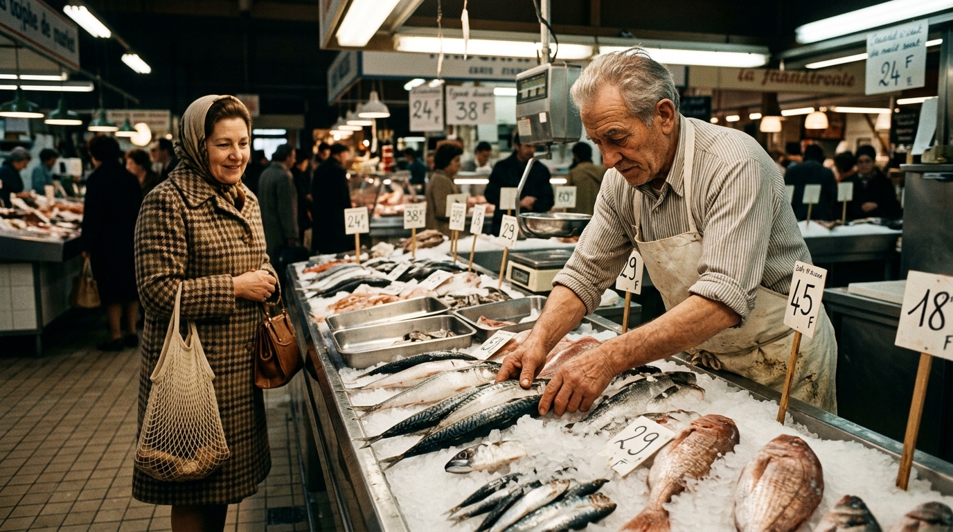 Poissonnier des années 70 arrangeant du poisson sur glace