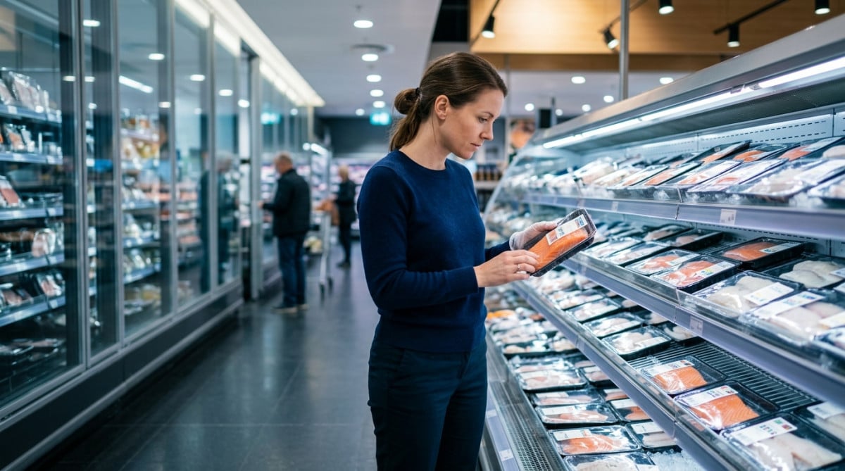 Rayon poissonnerie moderne avec filets sous emballage
