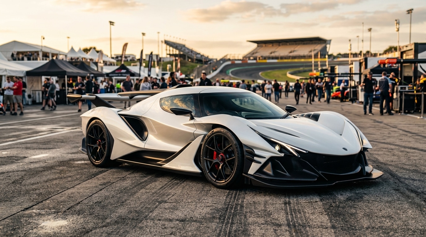 Supercar électrique blanche exposée lors d'un festival automobile