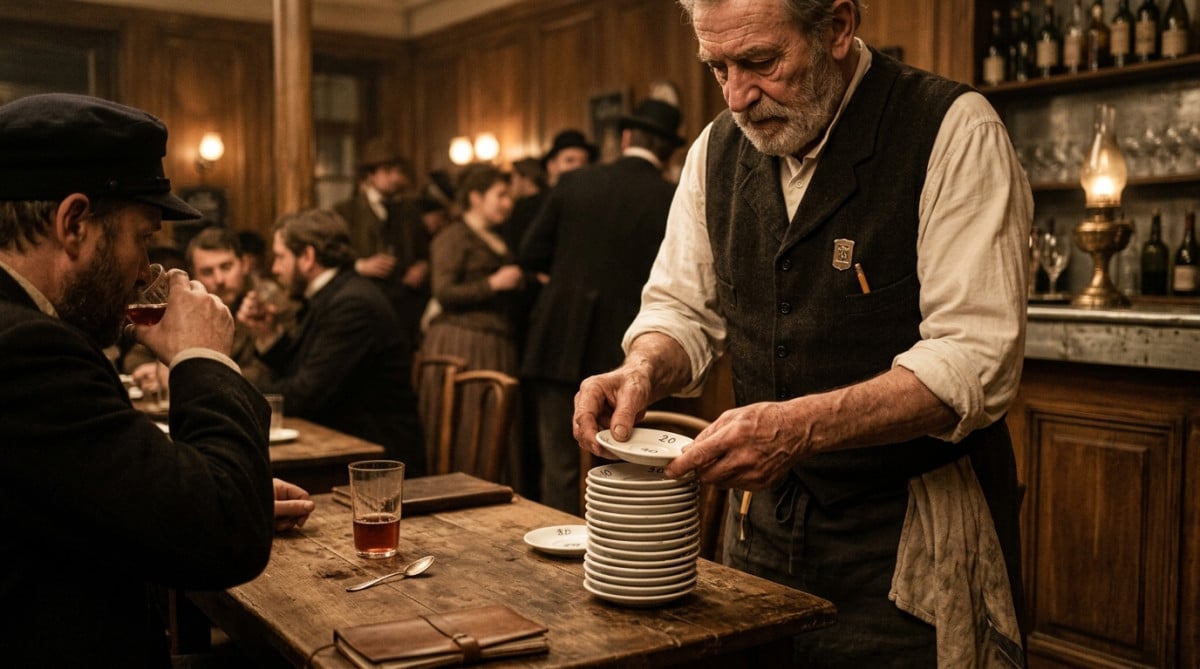 Reconstitution historique de soucoupes empilées dans un café du 19e siècle