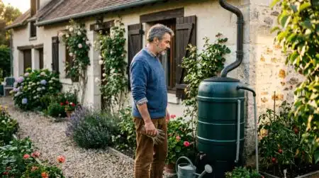 Homme observant son récupérateur d'eau de pluie dans le jardin