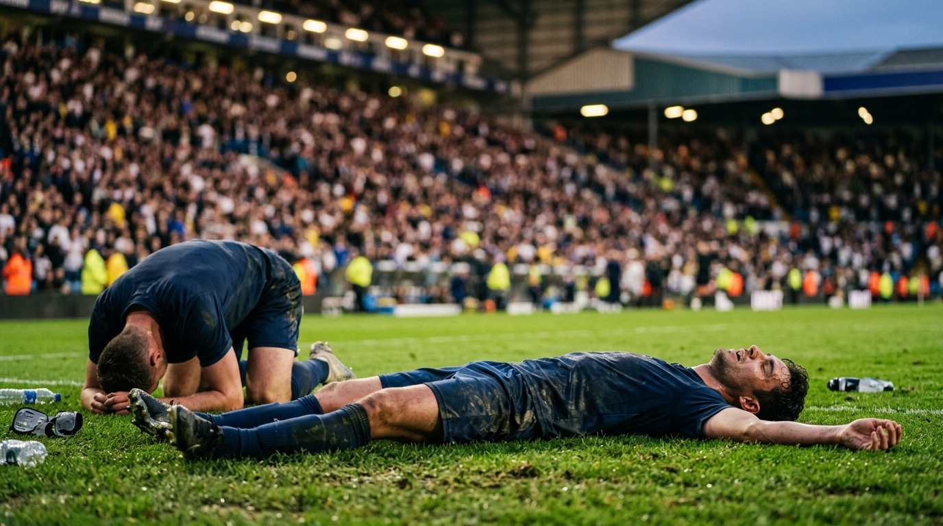 Joueurs de football épuisés allongés sur la pelouse