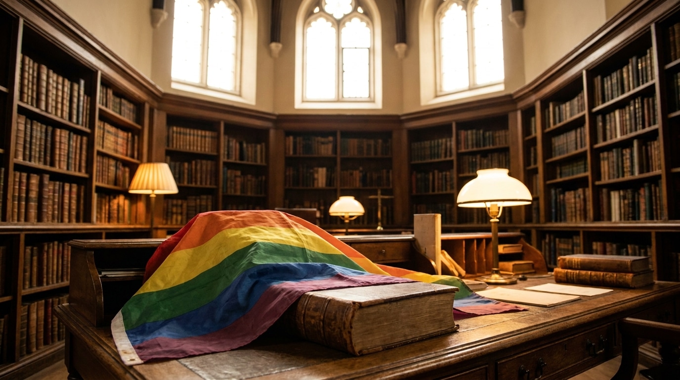 Drapeau arc-en-ciel posé sur un livre ancien dans une bibliothèque britannique classique
