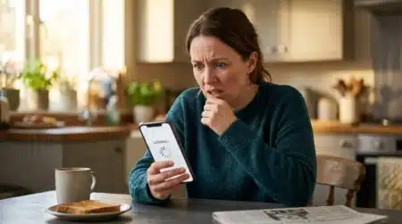 Personne stressée consultant son application bancaire sur smartphone