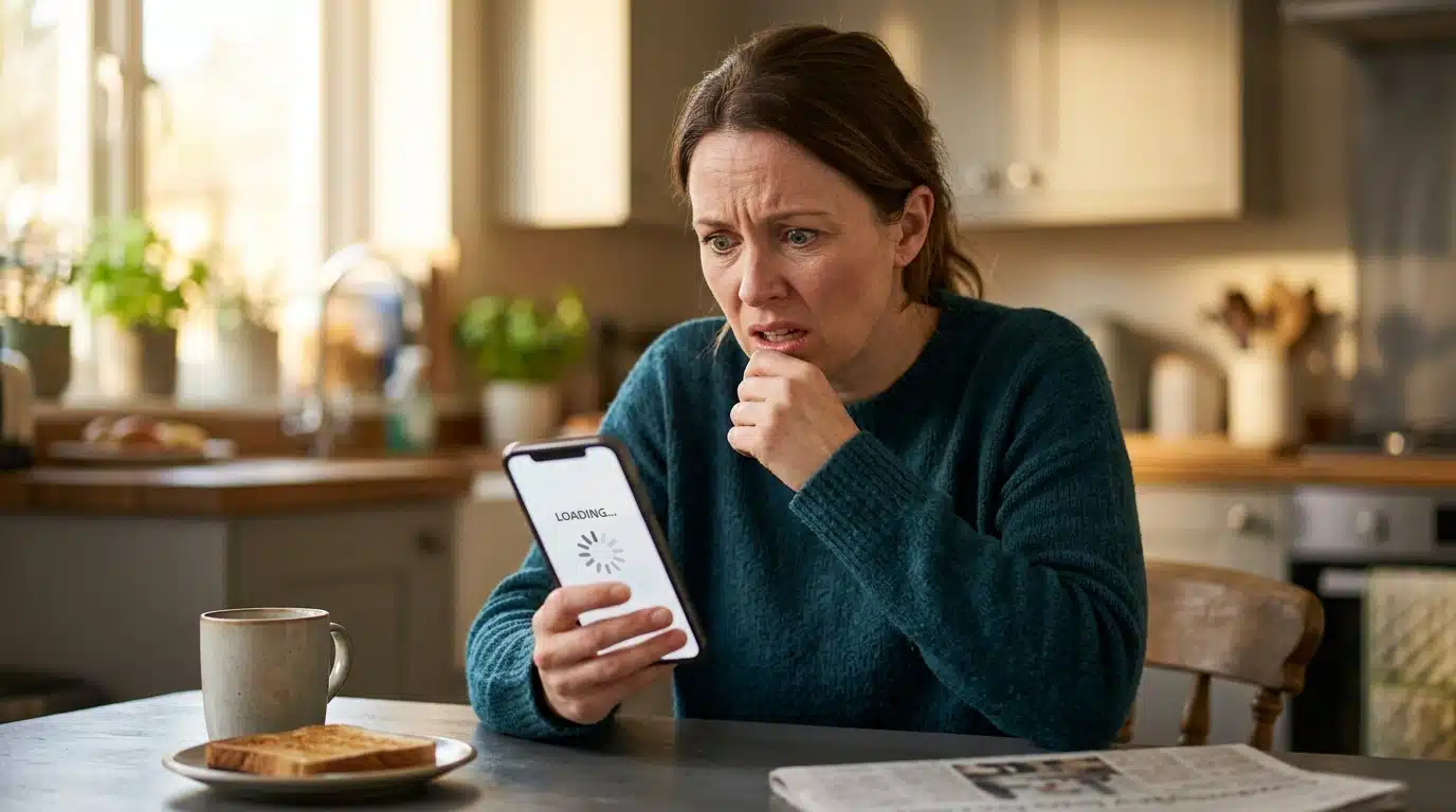 Personne stressée consultant son application bancaire sur smartphone