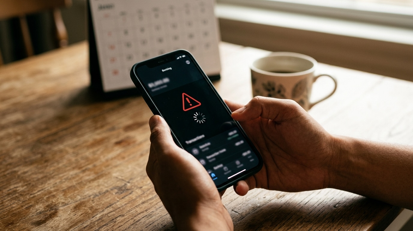 Écran de smartphone affichant une alerte bancaire en cours