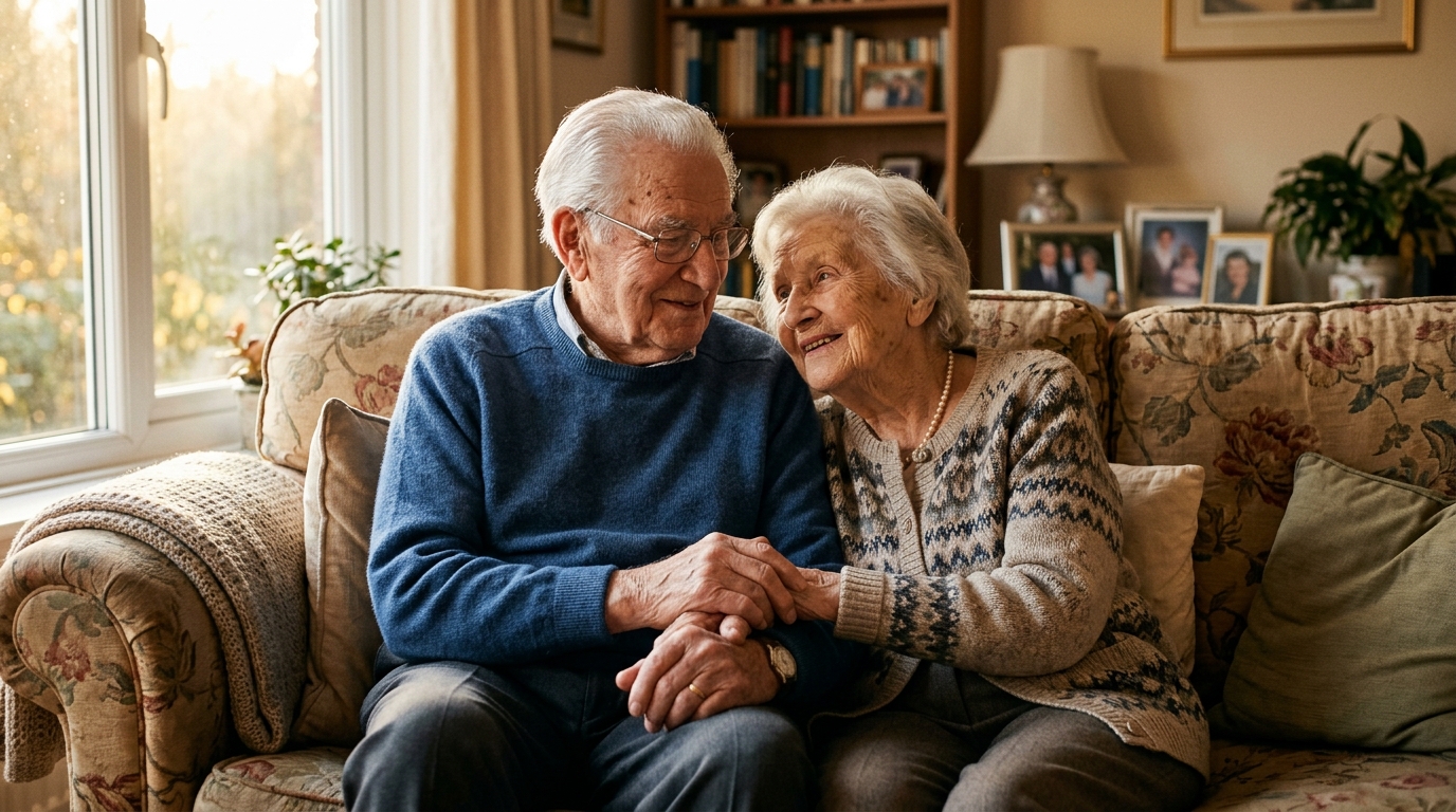 Couple de centenaires amoureux assis ensemble sur un canapé
