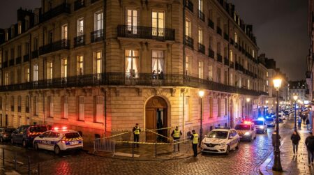 Immeuble à Rennes la nuit avec gyrophares de police