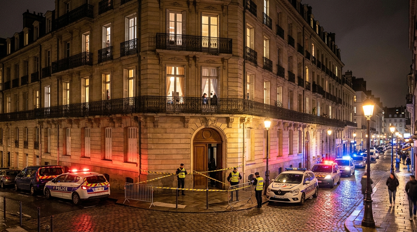 Immeuble à Rennes la nuit avec gyrophares de police
