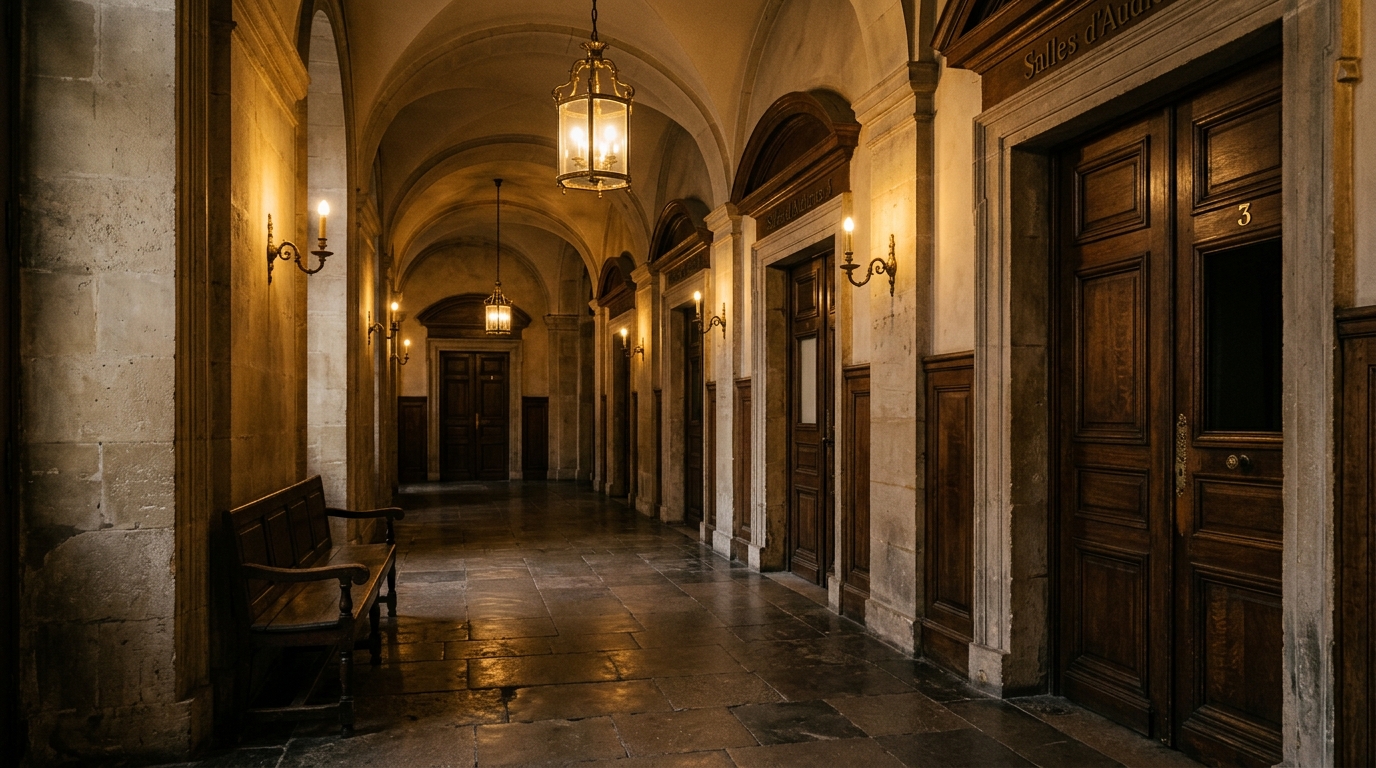 Couloir d'un tribunal français à l'ambiance sombre