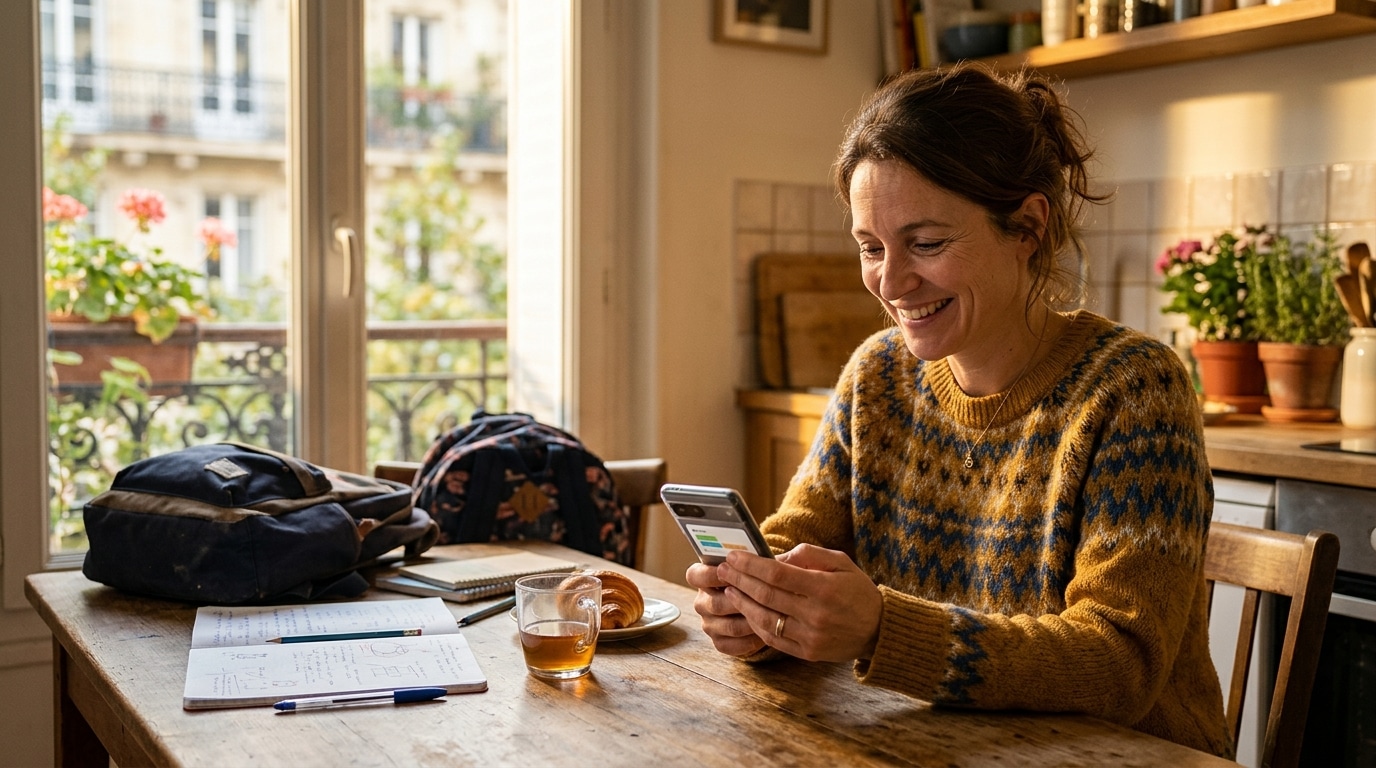 Mère vérifie le virement de l'allocation de rentrée scolaire