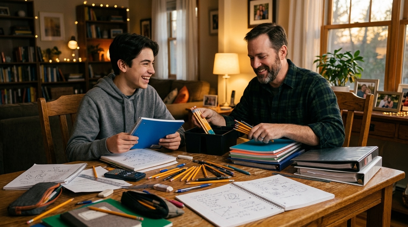 Père et fils préparent les fournitures scolaires ensemble