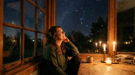 Femme souriante contemplant un ciel étoilé à la fenêtre