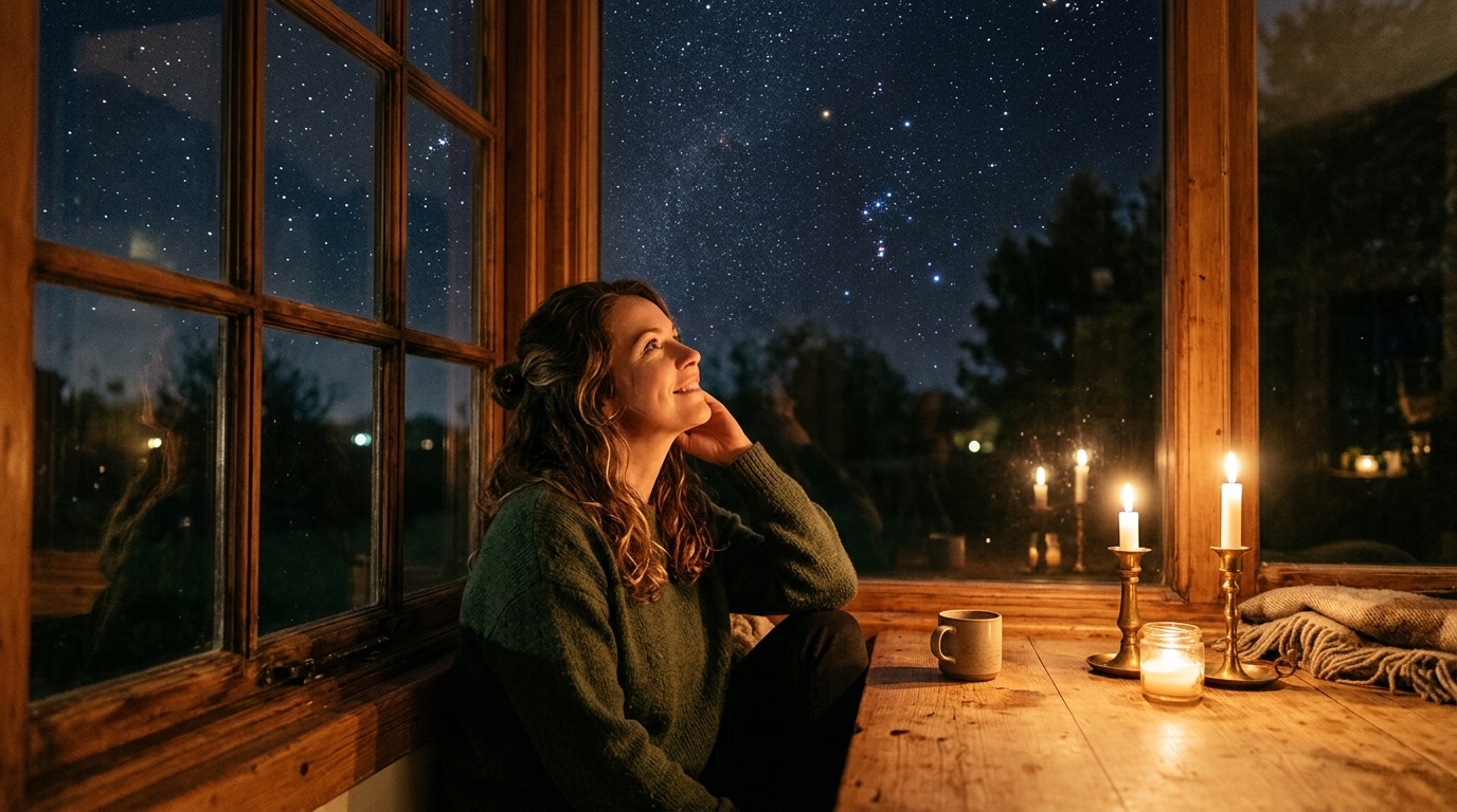 Femme souriante contemplant un ciel étoilé à la fenêtre