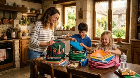 Famille préparant les fournitures scolaires pour la rentrée 2026