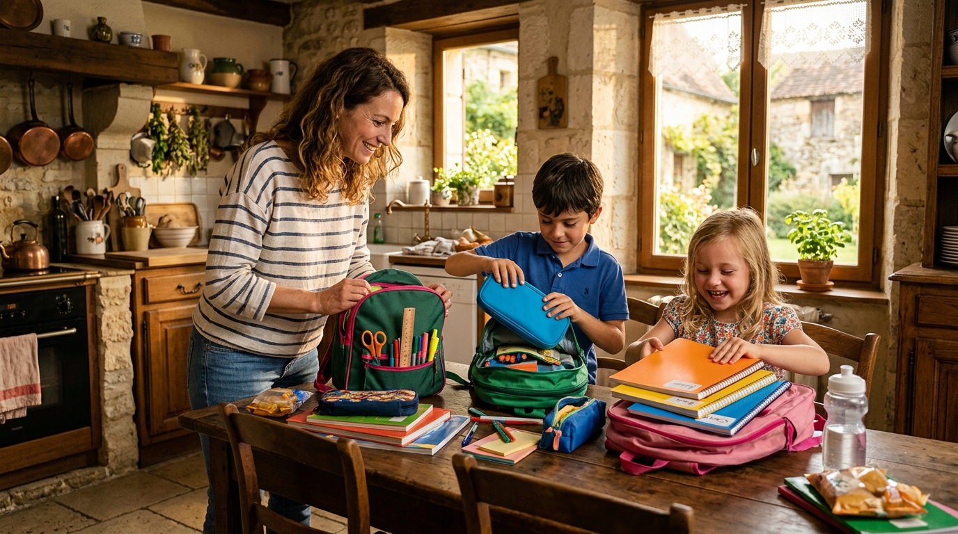 Famille préparant les fournitures scolaires pour la rentrée 2026