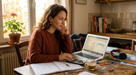 Mère de famille vérifiant son budget rentrée sur ordinateur